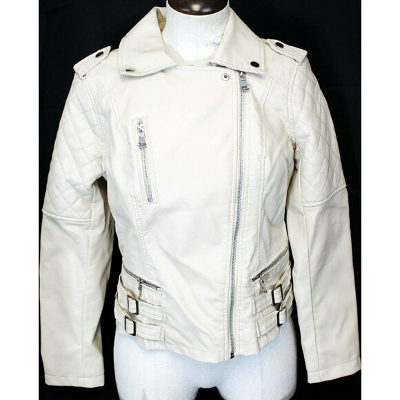Ci Sono White Faux Vegan Leather Motorcycle Jacket Womens Small Pockets Quilted - Picture 1 of 11